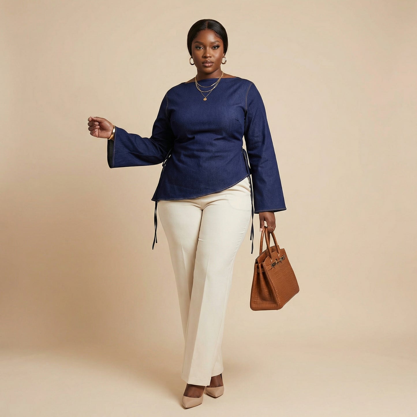 Oveedee Navy Asymmetric Flared Sleeve Top – Elegant Structured Women’s Blouse with Side Tie Detail