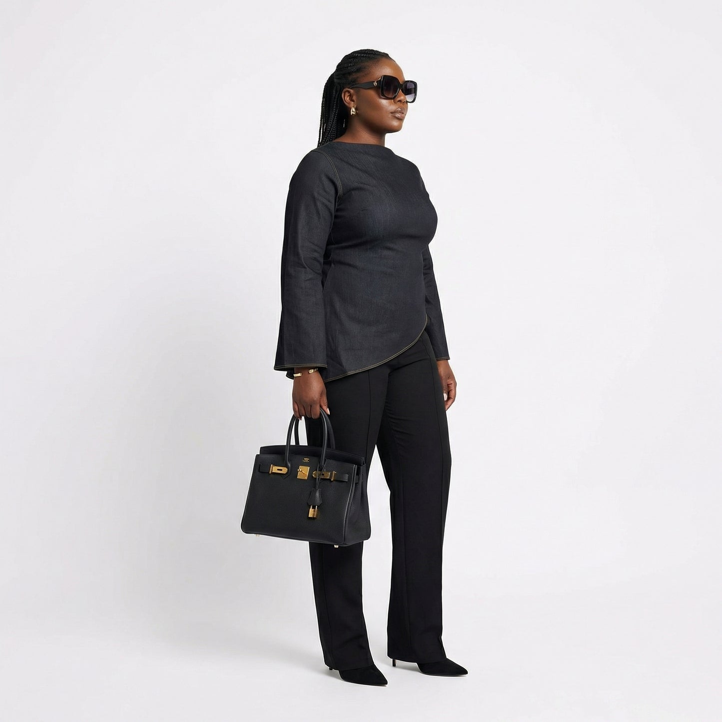 Oveedee Black Asymmetric Flared Sleeve Top – Elegant Structured Women’s Statement Blouse