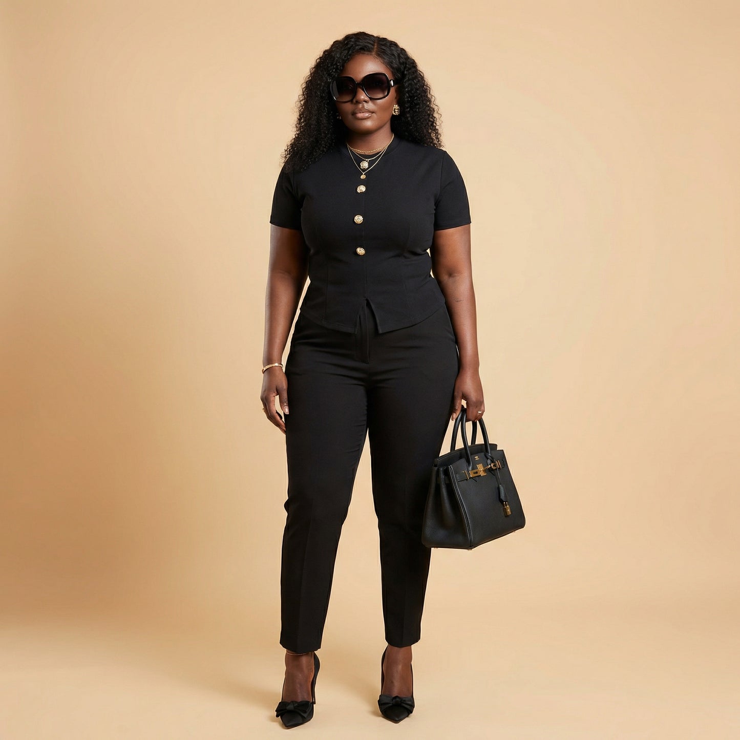Oveedee Black Gold Button Structured Top – Elegant Fitted Women’s Smart Casual Blouse