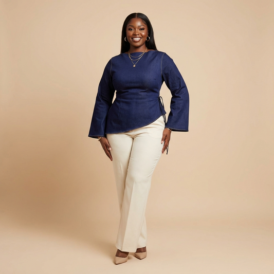 Oveedee Navy Asymmetric Flared Sleeve Top – Elegant Structured Women’s Blouse with Side Tie Detail