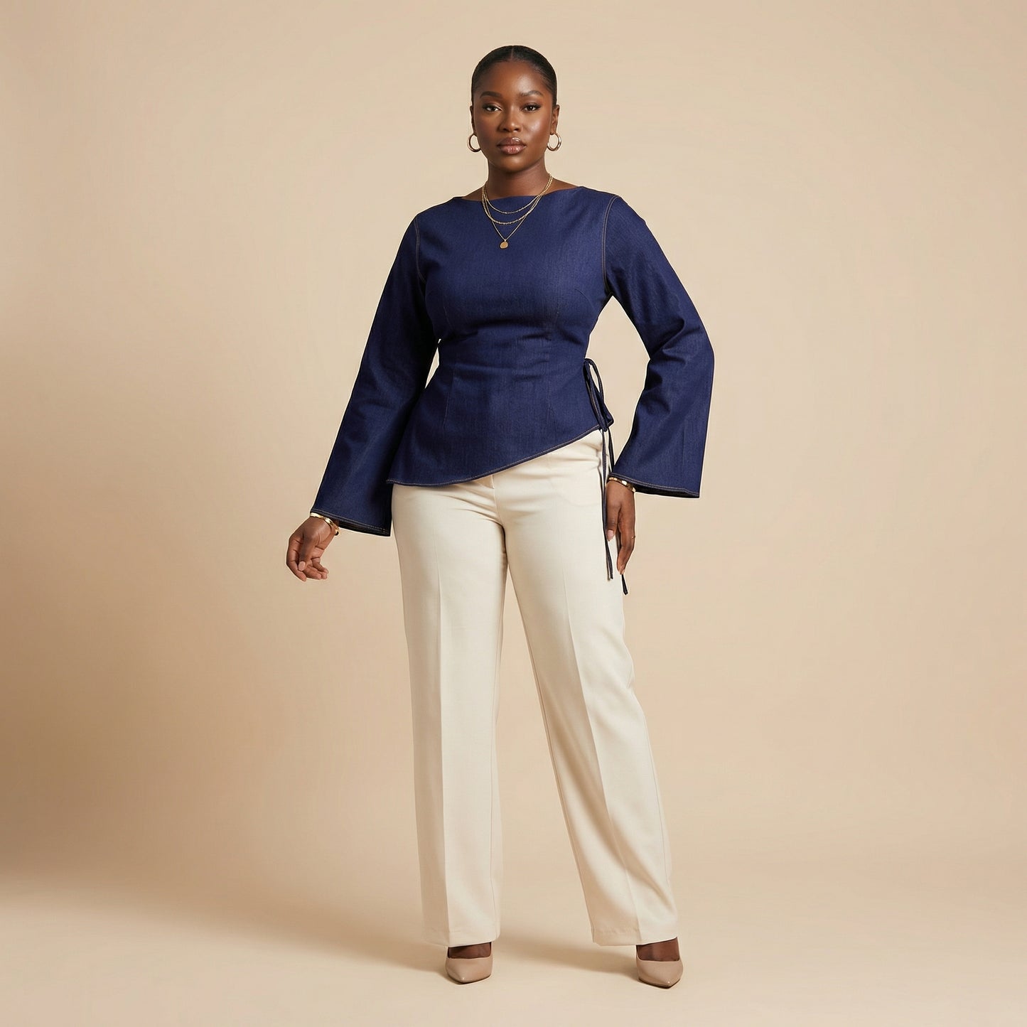 Oveedee Navy Asymmetric Flared Sleeve Top – Elegant Structured Women’s Blouse with Side Tie Detail