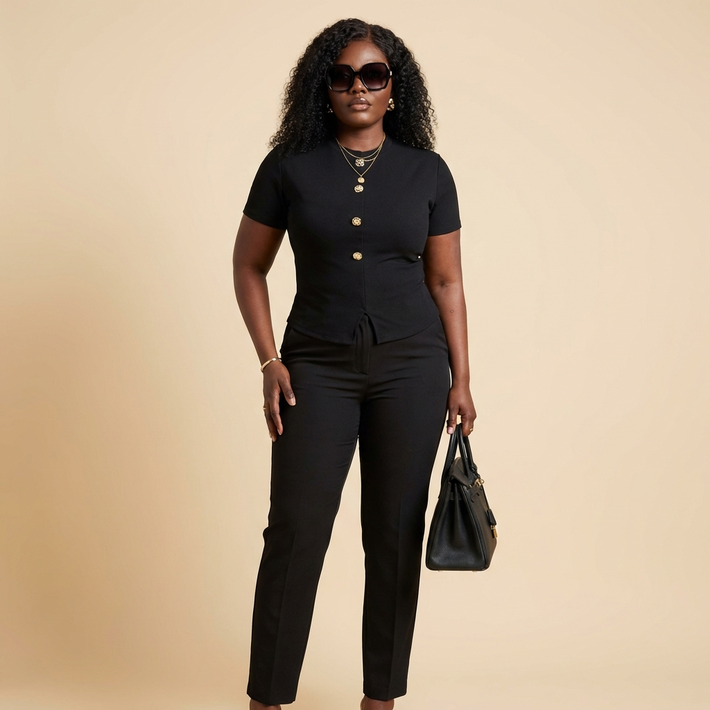Oveedee Black Gold Button Structured Top – Elegant Fitted Women’s Smart Casual Blouse
