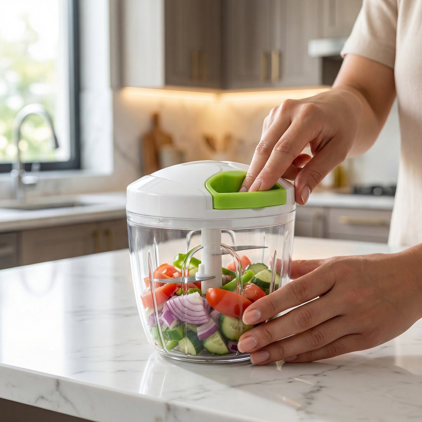 Manual Vegetable Chopper with Pull Handle – Easy Spin Onion Cutter, Compact Kitchen Food Chopper | Oveedee Home