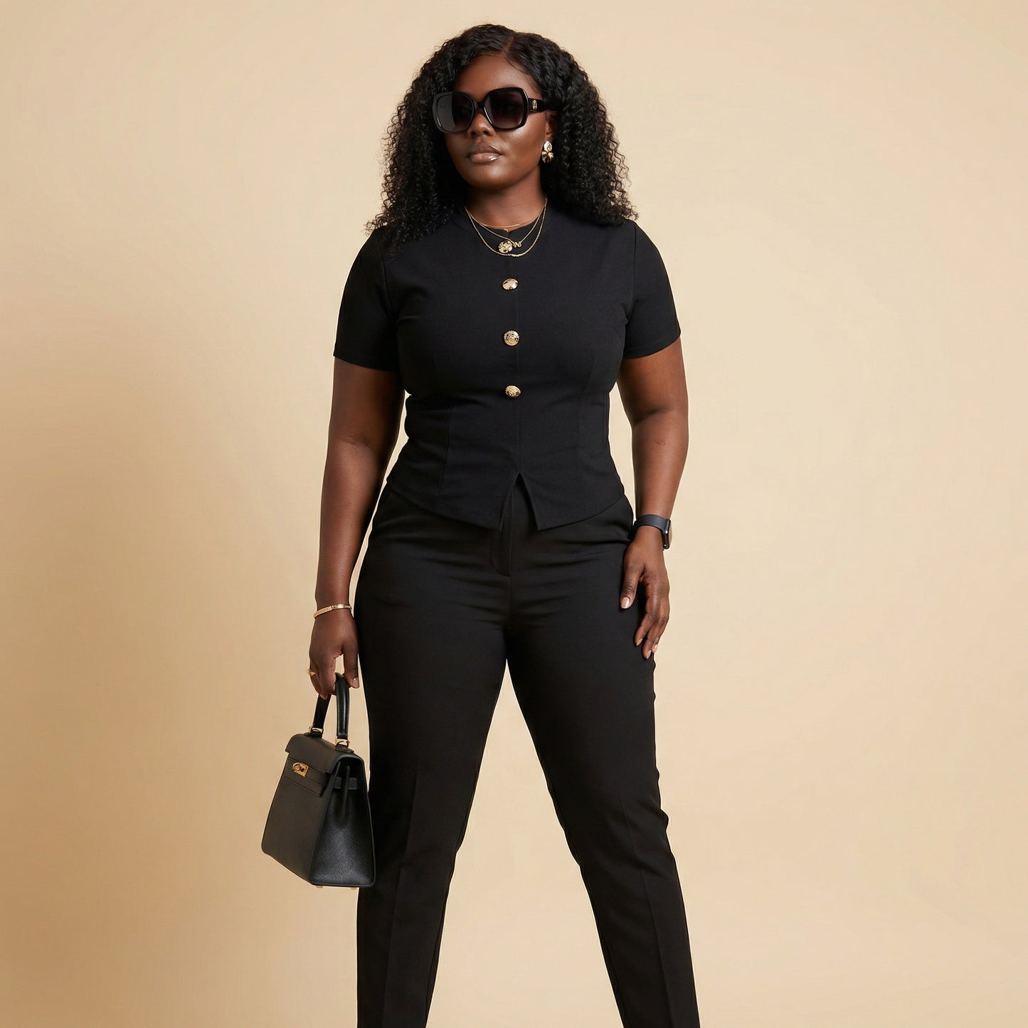 Oveedee Black Gold Button Structured Top – Elegant Fitted Women’s Smart Casual Blouse