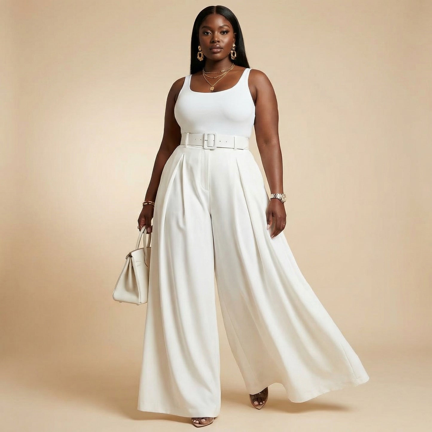 White Luxury Wide-Leg Palazzo Trousers with Belt – High-Waisted Full Length Elegant Palazzo Pants (One Size Fit 10–16)