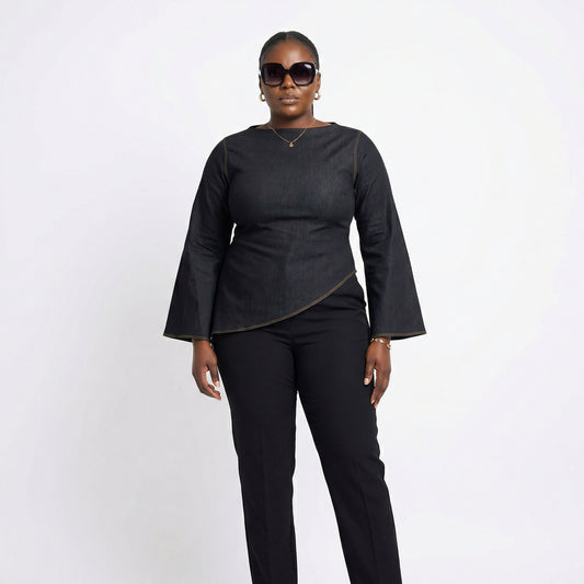 Oveedee Black Asymmetric Flared Sleeve Top – Elegant Structured Women’s Statement Blouse