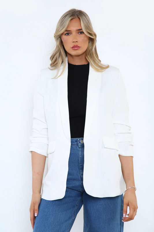 Classic White Tailored Blazer for Women – One Size (UK 10–16) Elegant Longline Smart Casual Jacket | Timeless Minimal Style