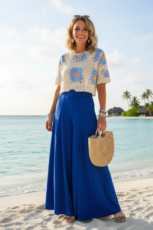 Royal Blue Wide-Leg Palazzo Trousers – One Size (UK 10–16) High-Waist Flowing Luxury Pants for Women | Summer & Resort Wear