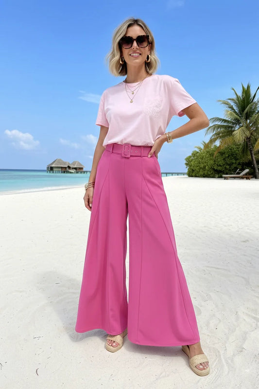 Fuchsia Pink Wide-Leg Palazzo Trousers with Belt – Luxury High-Waisted Flowing Palazzo Pants (One Size Fit 10–16)