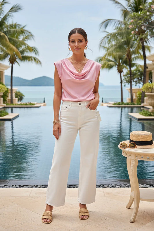 Oveedee Blush Pink Cowl Neck Sleeveless Top – Elegant Minimalist Women’s Blouse for Smart Casual & Holiday Wear