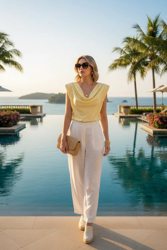 Oveedee Soft Yellow Cowl Neck Sleeveless Top – Elegant Minimalist Women’s Summer Blouse for Smart Casual & Holiday Wear