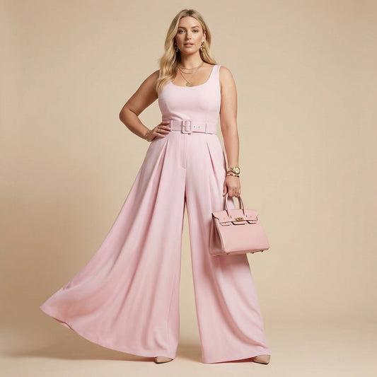Baby Pink Wide-Leg Palazzo Trousers with Belt – Luxury High-Waisted Flowing Palazzo Pants (One Size Fit 10–16)