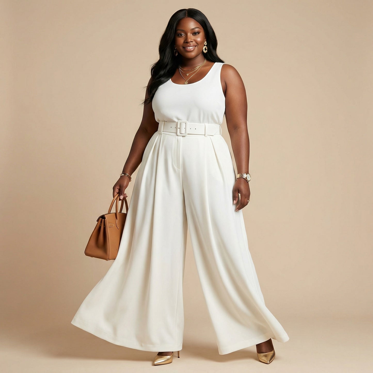 White Luxury Wide-Leg Palazzo Trousers with Belt – High-Waisted Full Length Elegant Palazzo Pants (One Size Fit 10–16)