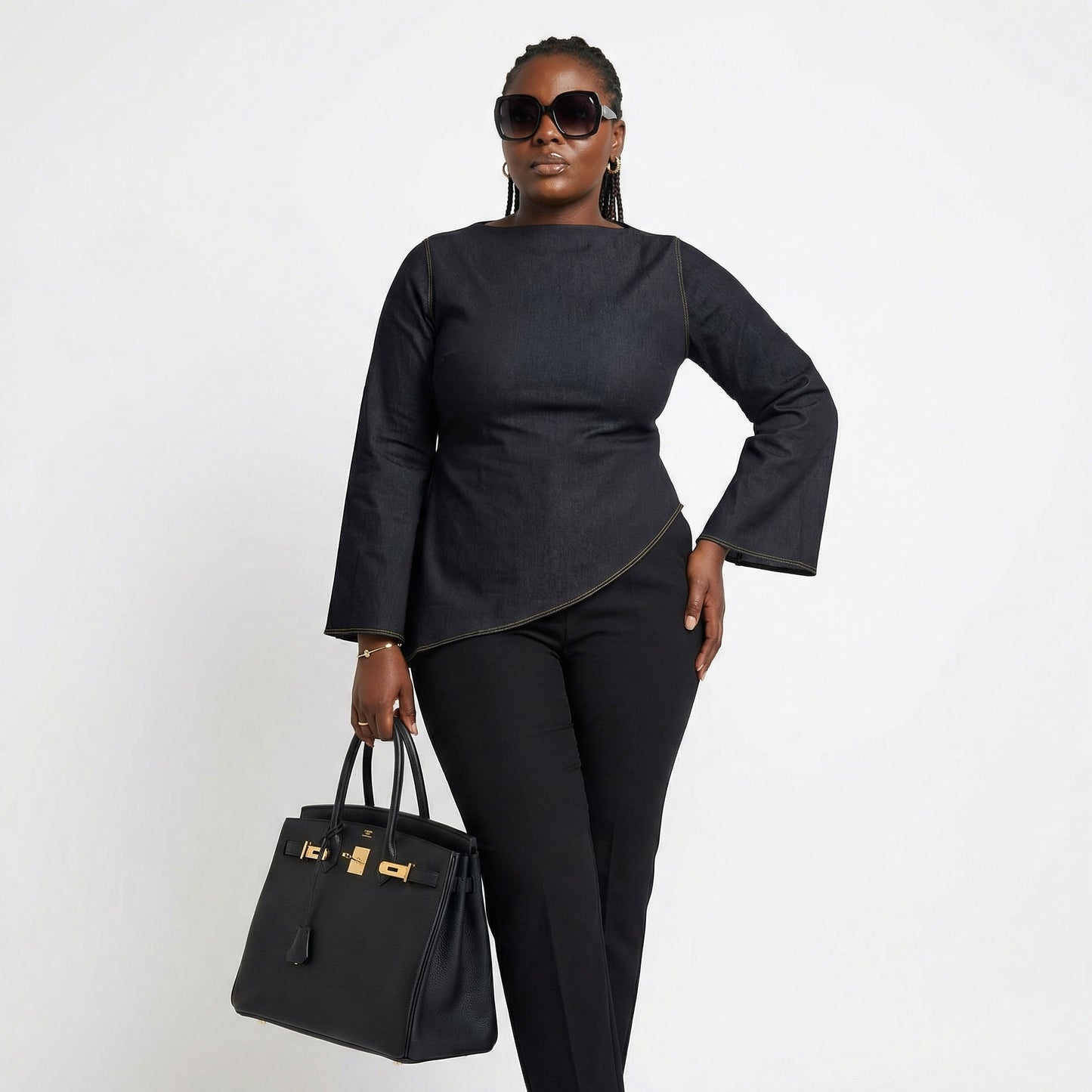 Oveedee Black Asymmetric Flared Sleeve Top – Elegant Structured Women’s Statement Blouse