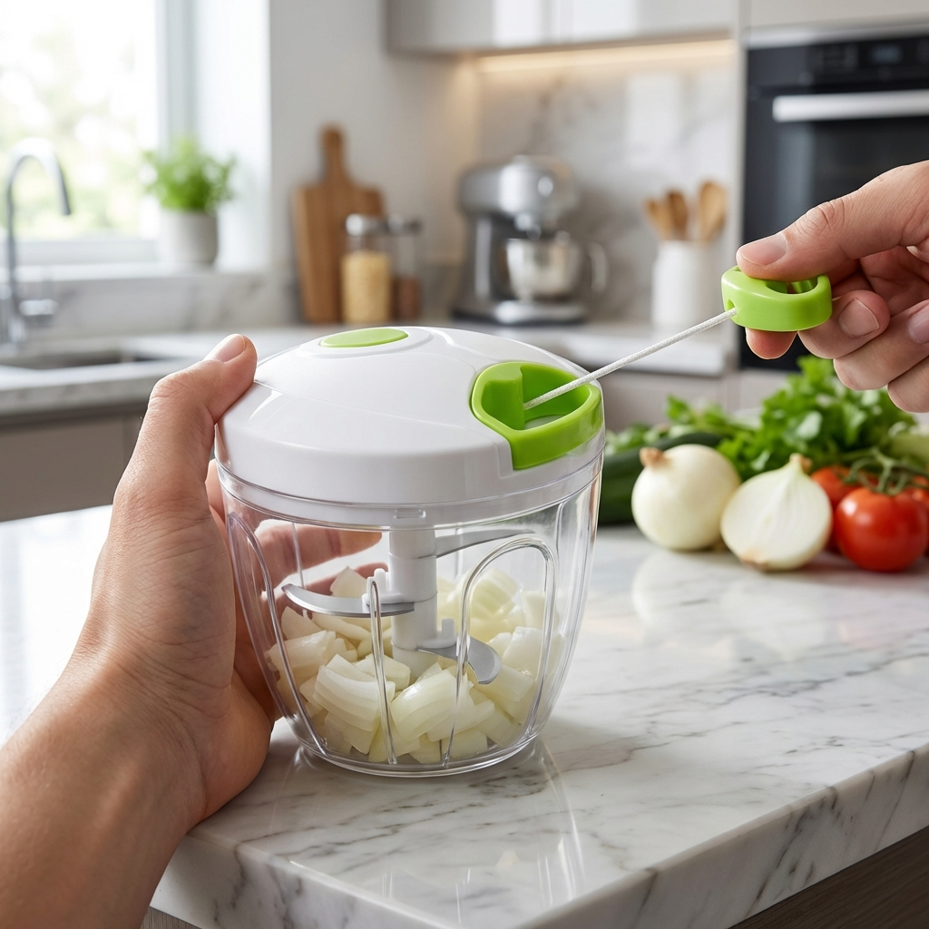 Manual Vegetable Chopper with Pull Handle – Easy Spin Onion Cutter, Compact Kitchen Food Chopper | Oveedee Home