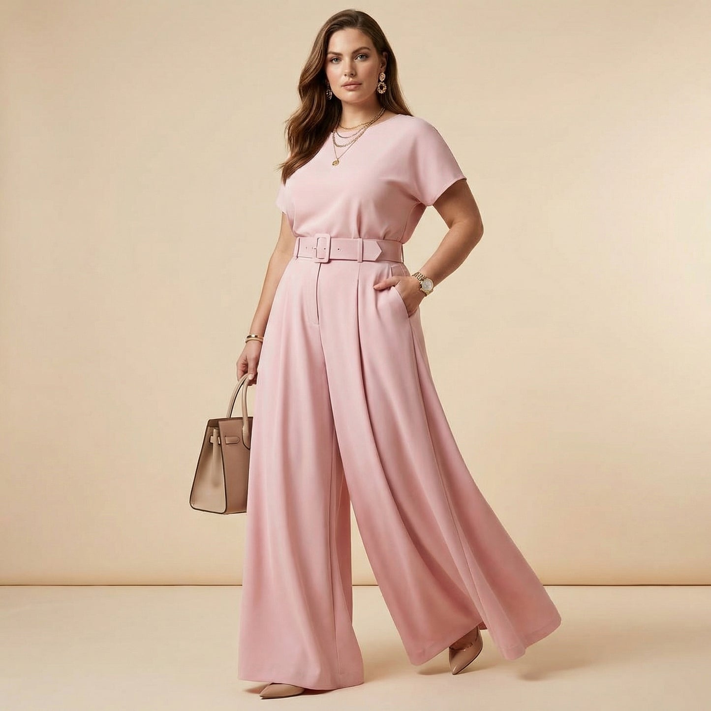 Baby Pink Wide-Leg Palazzo Trousers with Belt – Luxury High-Waisted Flowing Palazzo Pants (One Size Fit 10–16)