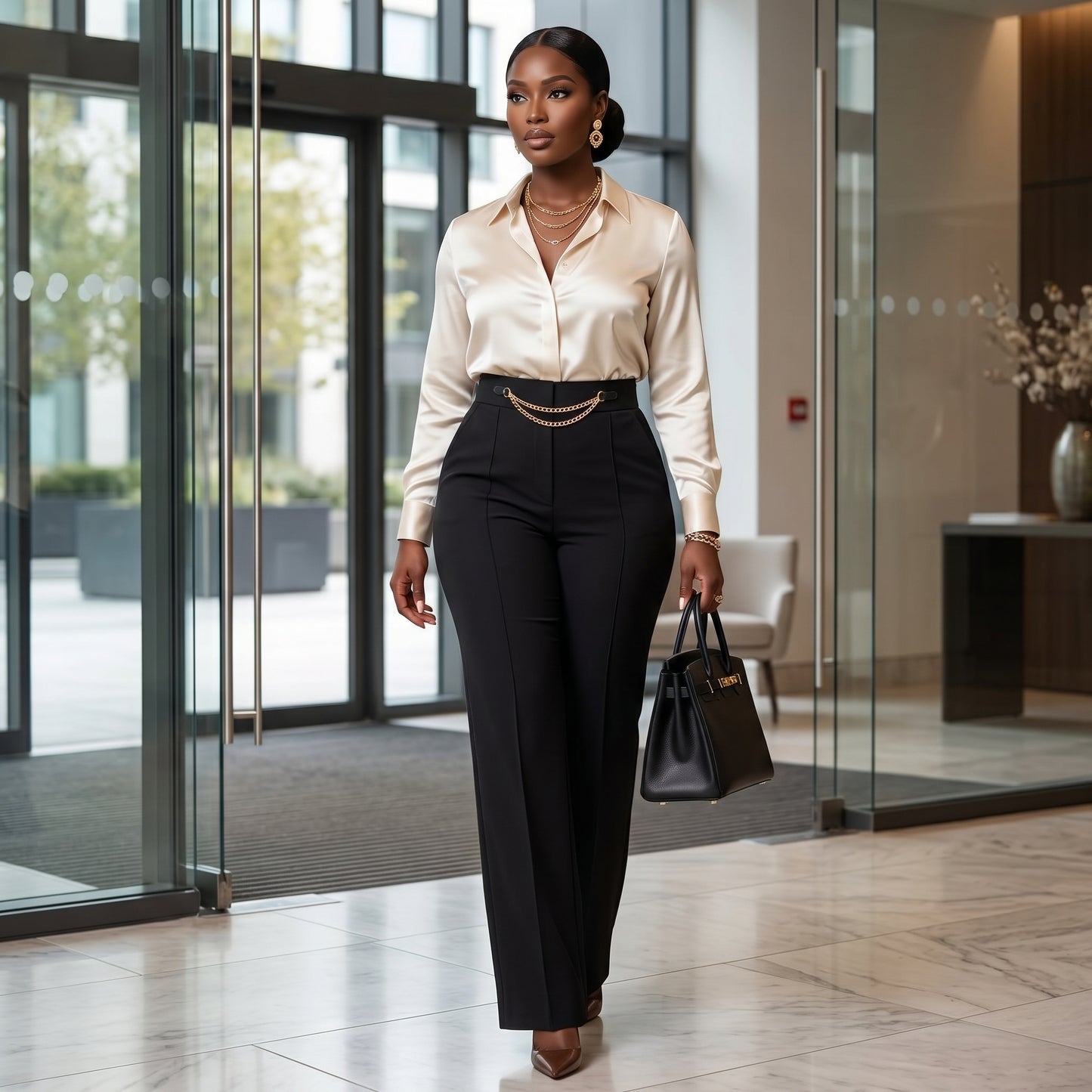 High Waisted Wide Leg Tailored Trousers with Gold Chain Detail – Black