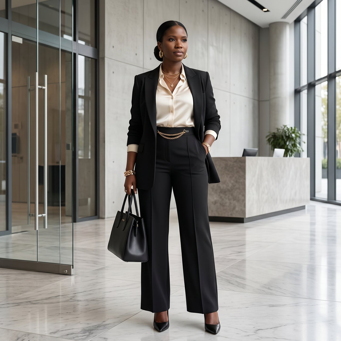 High Waisted Wide Leg Tailored Trousers with Gold Chain Detail – Black